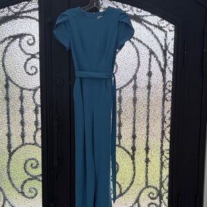 Calvin Klein Teal Jumpsuit with Tie Waist and Puff Sleeves